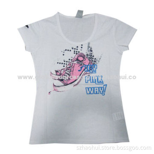 Ladies' White Slim T-shirt with Flock Printed Logo, Made of 100% Cotton, Customized Colors Welcome